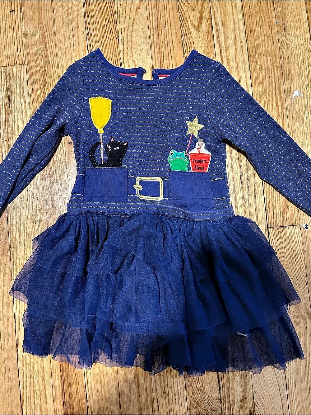 Mini Boden Appliqué Tulle Dress Girls Blue & Gold Size 4-5Y